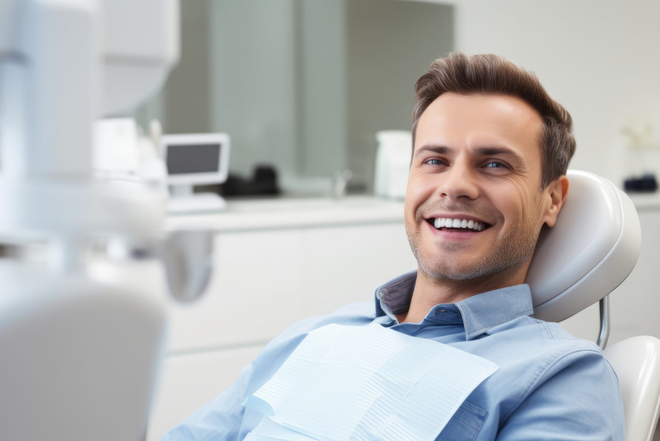 Patient seated in a dental chair during a restorative dentistry visit, showing a healthy, natural-looking smile in a modern dental office