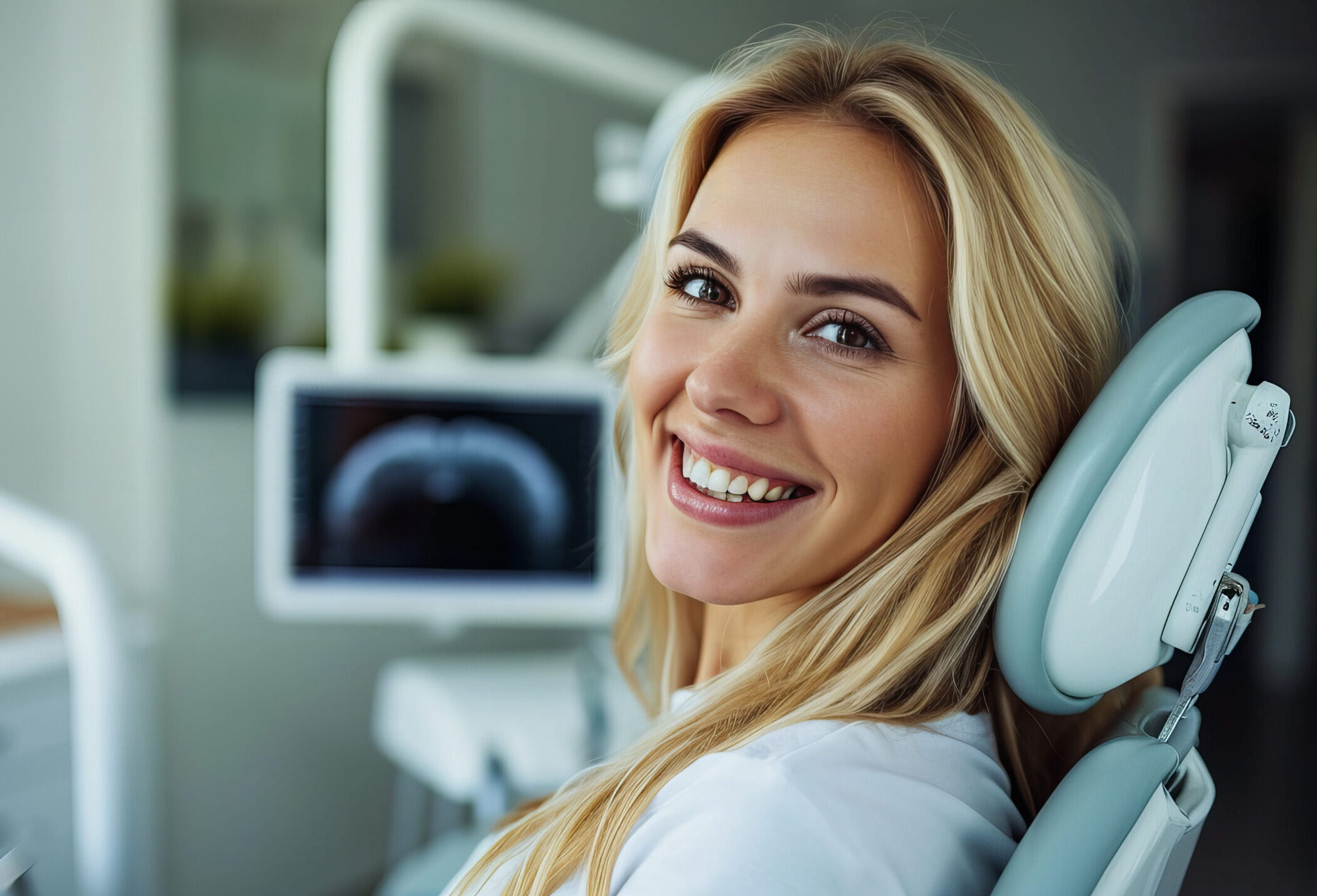 Patient sitting in a dental chair during a routine dental cleaning at a modern dental office